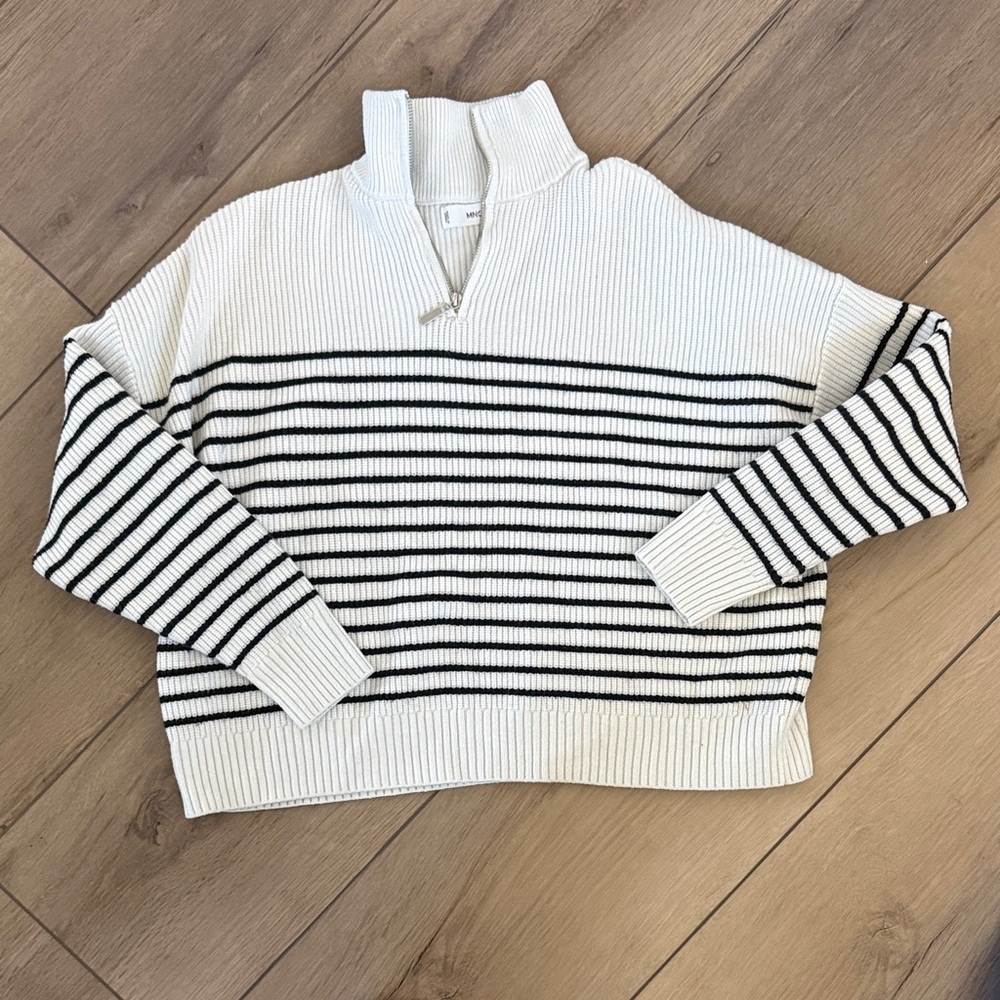 Mango Black and White Striped Turtleneck Sweater
